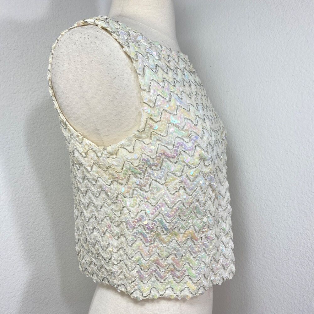 Vintage White Sequin Crop Cocktail Tank Top Medium Glam Evening Date Night - Picture 8 of 8
